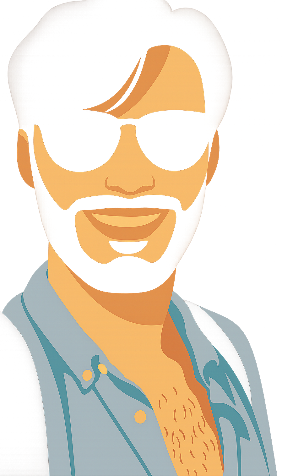 A vector portrait of Greg, wearing sunglasses and smiling.